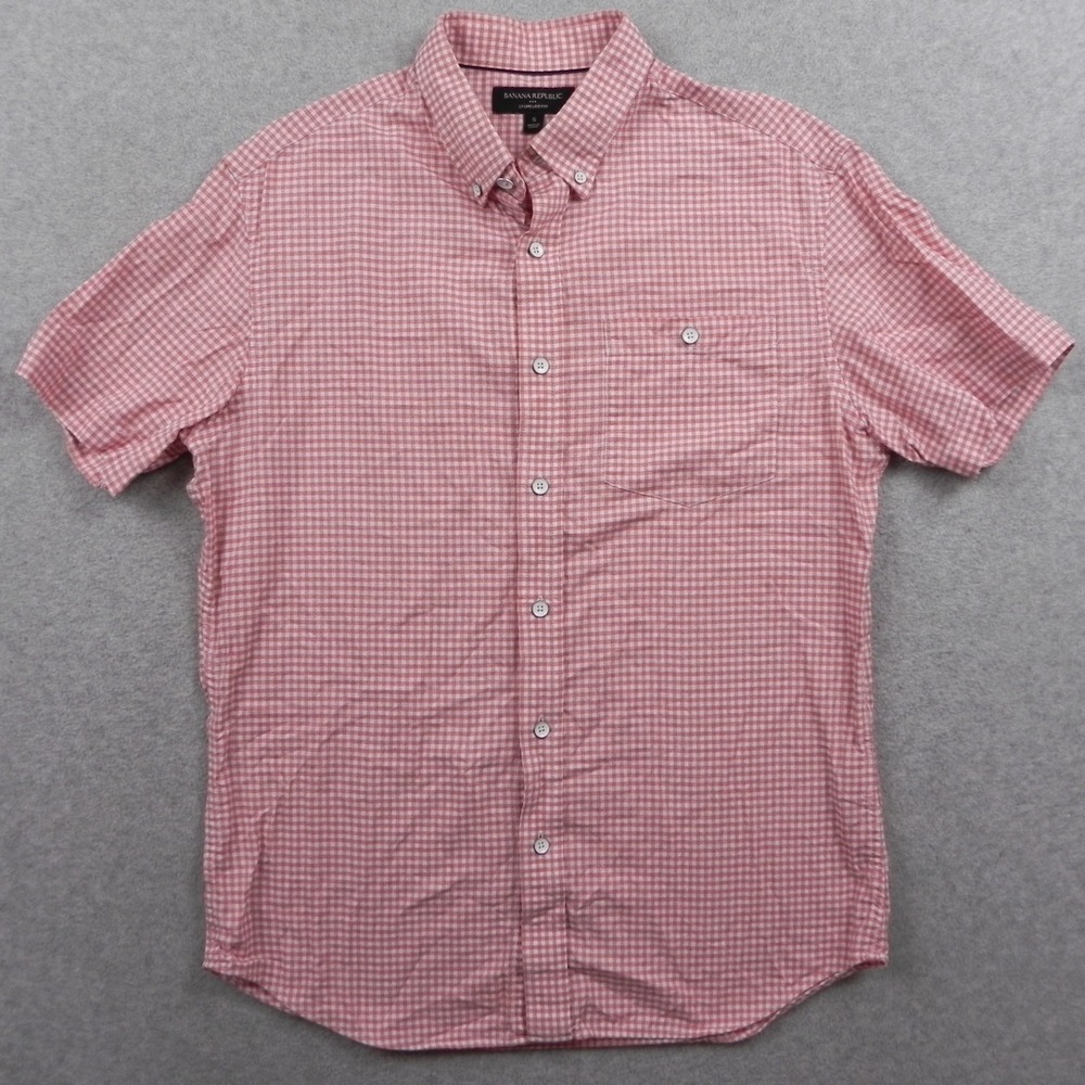 Banana Republic Shirt Mens Small Standard Fit Button Pink Gingham Short Sleeve